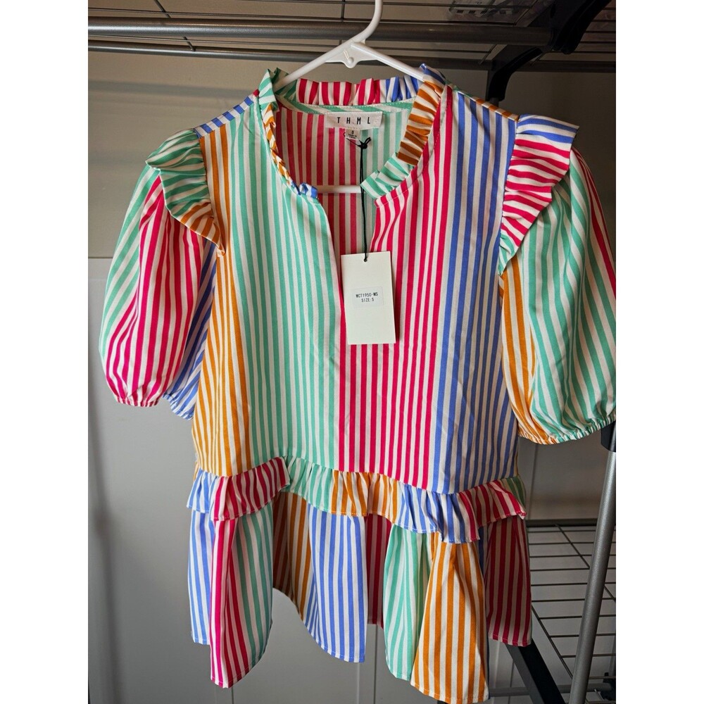 THML Women's Multicolor Striped V-Neck Puff Sleeve Ruffle Peplum Blouse S - Picture 1 of 5